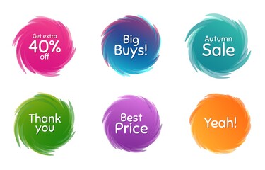 Swirl motion circles. Autumn sale, 40% discount and best price. Thank you phrase. Sale shopping text. Twisting bubbles with phrases. Spiral texting boxes. Big buys slogan. Vector