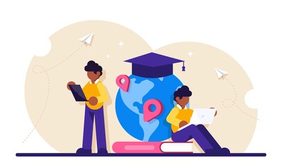 Concept of global education. Boy standing in front of books and globe with cap. Study abroad, international student exchange program. Modern flat illustration.