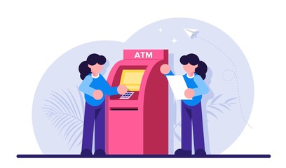 Concept of automated teller machine. Woman use ATM. Financial transaction, banking services, cash withdrawal, bank deposit access. Modern flat illustration.