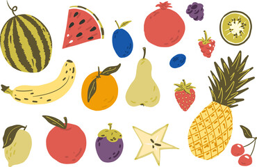 Fruits mix vector clipart set hand drawn childish flat style isolated on white background.