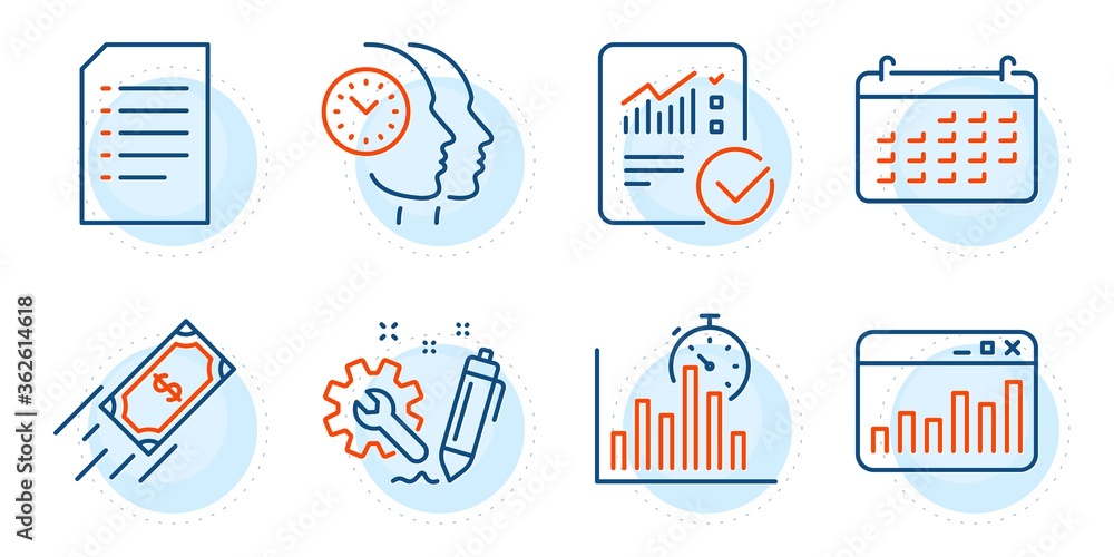 Poster marketing statistics, checked calculation and time management signs. report timer, engineering and d