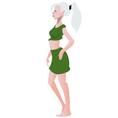 Girl with blond hair is standing in profile in a green skirt and top