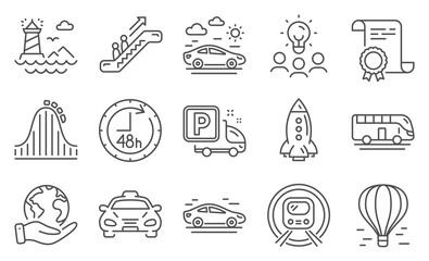 Set of Transportation icons such as Bus tour, Car, Lighthouse. Diploma, ideas, save planet. Metro subway, 48 hours, Taxi. Car travel, Rocket, Air balloon and Truck parking. Vector
