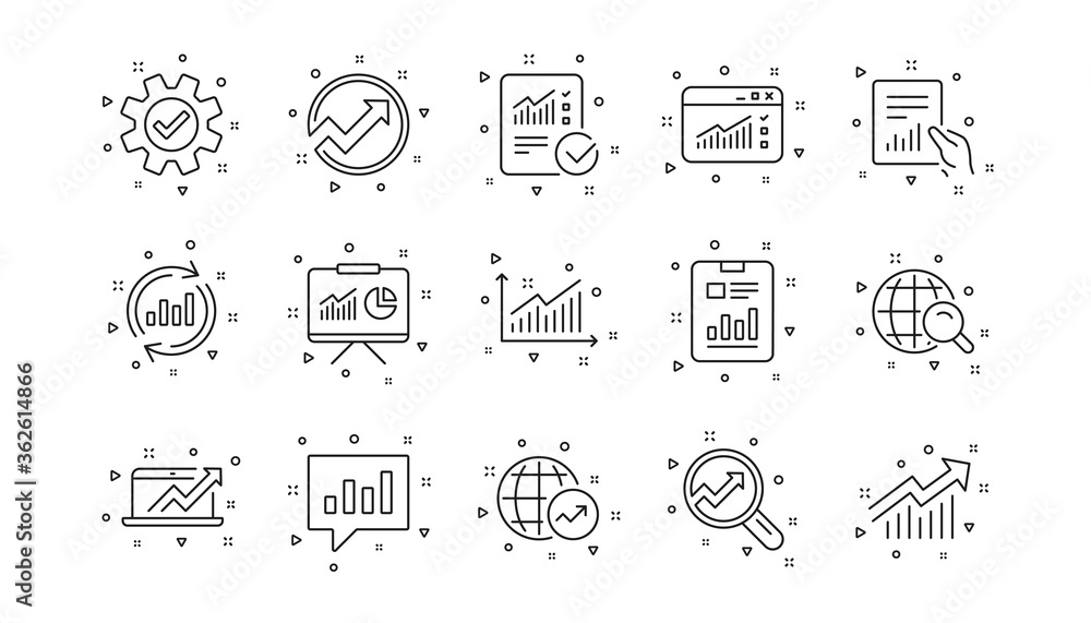 Poster reports, charts and graphs. analytics line icons. data statistics linear icon set. geometric element
