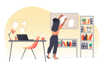 A young woman with dark hair attaches a document to board. Work from home. Workplace interior. Vector flat illustration.