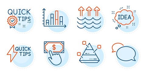 Payment click, Idea and Diagram graph signs. Quickstart guide, Pyramid chart and Messenger line icons set. Evaporation, Quick tips symbols. Lightning symbol, Report analysis. Education set. Vector