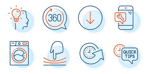 Quick tips, Scroll down and Elastic signs. Idea, Update time and 360 degrees line icons set. Phone repair, Washing machine symbols. Professional job, Refresh watch. Technology set. Vector