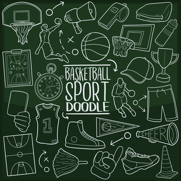 Basketball Sport Doodle Line Icon Chalkboard Sketch Hand Made Vector Art.