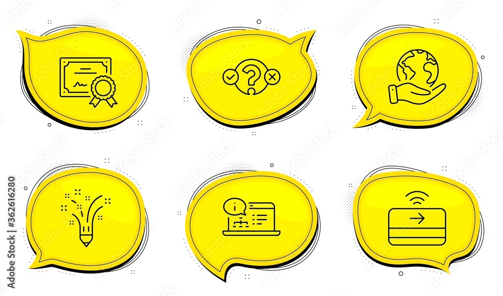 Poster inspiration sign. diploma certificate, save planet chat bubbles. contactless payment, online documen