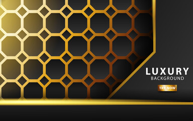 modern premium technology dark abstract background banner, with gold line and golden rays, overlap layer in paper effect on textured gold hexagon background.vector illustration.