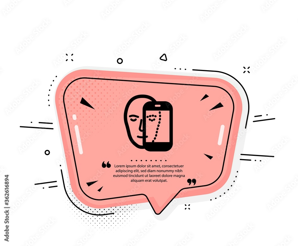 Poster face biometrics icon. quote speech bubble. facial recognition by phone sign. head scanning symbol. q