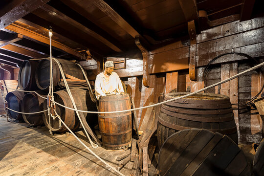 HUELVA, SPAIN - November 19 2017: Inside of Santa Maria caravel moored in port of Palos de la Frontera village, Huelva, Spain