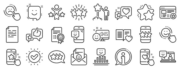 Set of User Opinion, Customer service and Star Rating icons. Feedback line icons. Testimonial, Positive negative emotion, Customer satisfaction. Social media feedback, star rating technology. Vector - obrazy, fototapety, plakaty