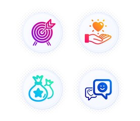 Hold heart, Loyalty points and Archery icons simple set. Button with halftone dots. Smile sign. Love brand, Money bags, Attraction park. Socila media. Business set. Vector