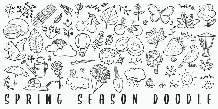 Spring Season Doodle Line Art Illustration. Hand Drawn Vector Clip Art. Banner Set Logos.