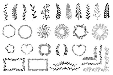 vintage set of hand drawn tree branches with leaves and flowers on white background