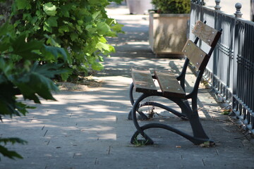 Travelers rest bench on foot bath near the beach,wooden beach, Lake Bracciano, italy