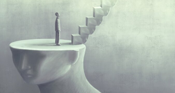 Surreal art of dream success and hope concept  , imagination artwork,  ambition idea painting illustration, man with stairs on giant human head sculpture