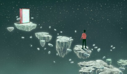 Concept art of freedom dream success and hope concept  , ambition idea artwork, surreal painting  man with magic door  , conceptual illustration, business background