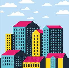 Yellow blue and pink city buildings landscape with clouds design, Abstract geometric architecture and urban theme Vector illustration