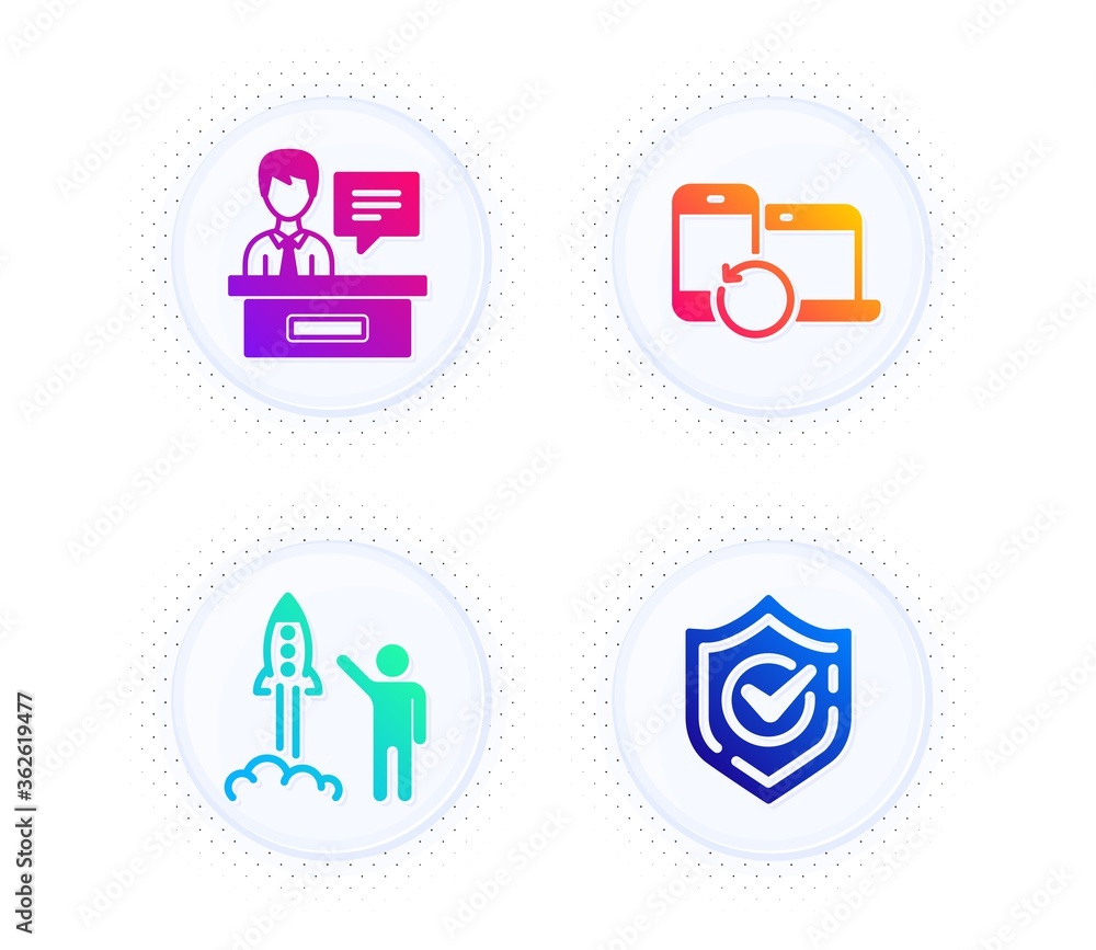 Poster launch project, exhibitors and recovery devices icons simple set. button with halftone dots. confirm