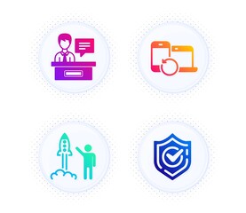 Launch project, Exhibitors and Recovery devices icons simple set. Button with halftone dots. Confirmed sign. Business innovation, Information desk, Backup data. Accepted message. Education set. Vector