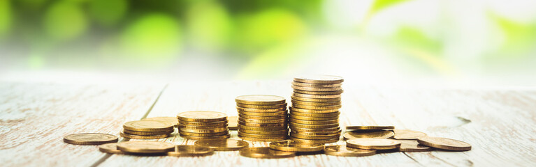 web banner business and finance investment and saving activity with gold coin arrange on natural...