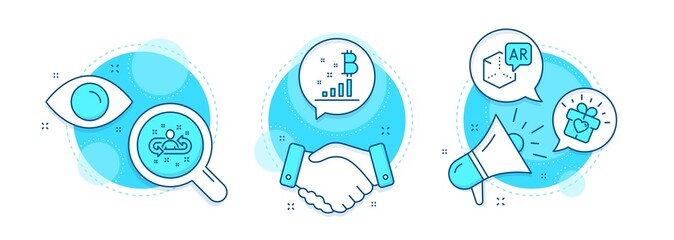 Bitcoin graph, Love gift and Recruitment line icons set. Handshake deal, research and promotion complex icons. Augmented reality sign. Cryptocurrency analytics, Heart present, Manager change. Vector
