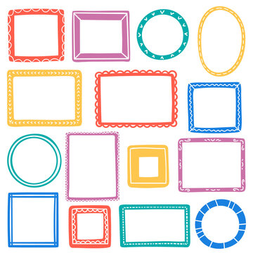 Hand drawn frames colorful set. Decoration elements for kids. Vector collection in cartoon style.

