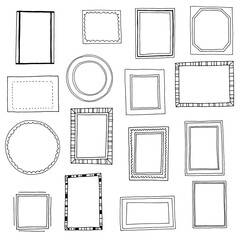 Hand drawn frames big set. Cute cartoon doodle style borders isolated on white. Vector design.
