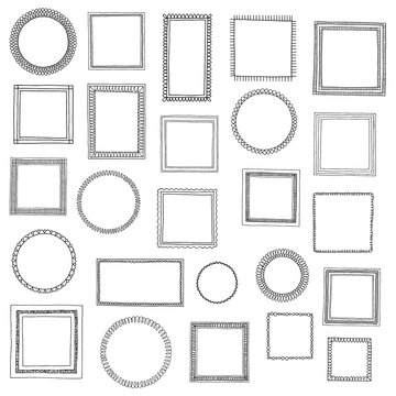 Hand drawn frames big set. Cute cartoon doodle style borders isolated on white. Vector design.

