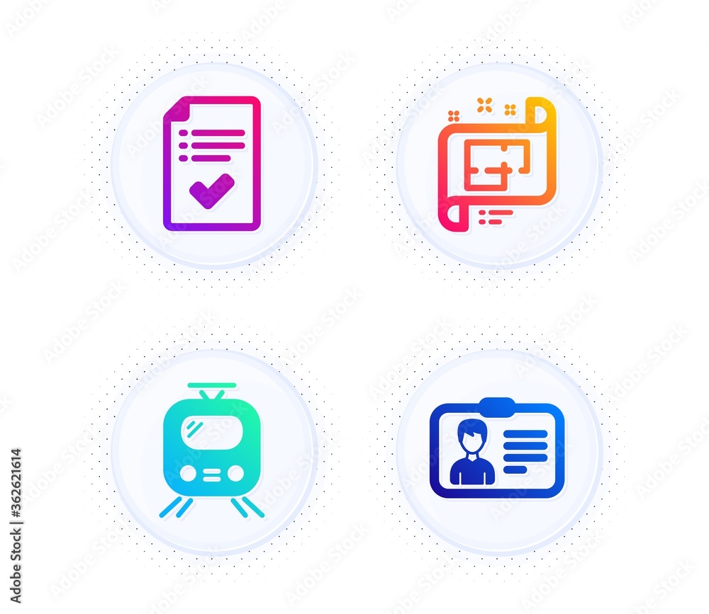 Poster approved checklist, architectural plan and train icons simple set. button with halftone dots. identi