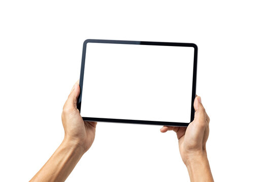 Hand man holding tablet with mockup blank screen isolated on white background with clipping path - Powered by Adobe
