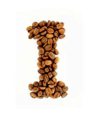 I, Alphabet from coffee beans on white background