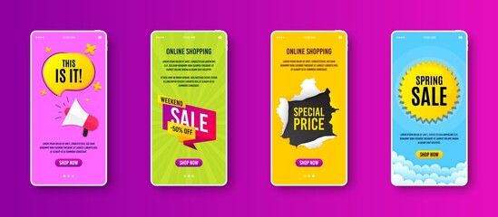 Weekend sale 50% off badge. Phone screen banner. Discount banner shape. Hot offer icon. Sale banner on smartphone screen. Mobile phone web template. Weekend sale promotion. Vector