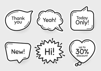 Comic chat bubbles. New, 30% discount and today only. Thank you, hi and yeah phrases. Sale shopping text. Chat messages with phrases. Drawing texting thought speech bubbles. Vector