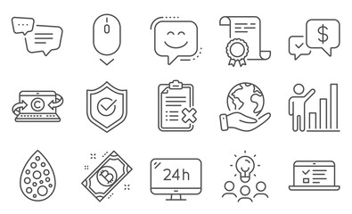 Set of Technology icons, such as Text message, Artificial colors. Diploma, ideas, save planet. 24h service, Approved shield, Web lectures. Reject checklist, Scroll down, Smile face. Vector