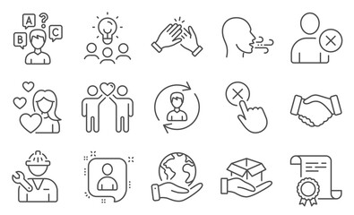 Set of People icons, such as Clapping hands, Hold box. Diploma, ideas, save planet. Love, Repairman, Handshake. Human resources, Quiz test, Friends couple. Vector