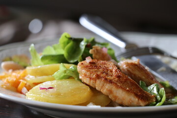 chicken - vegetable salad with potatoes and green salad  