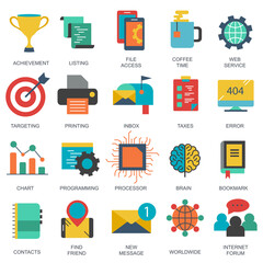 Business and marketing, programming, data management, internet connection, social network, computing, information. Flat vector illustration	