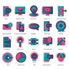 Business and marketing, programming, data management, internet connection, social network, computing, information. Flat vector illustration	
