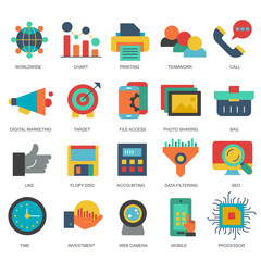 Business and marketing, programming, data management, internet connection, social network, computing, information. Flat vector illustration	
