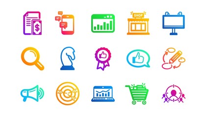 Strategy, Feedback and Advertising agency. Marketing, research icons. Business strategy classic icon set. Gradient patterns. Quality signs set. Vector