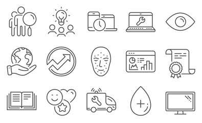 Set of Technology icons, such as Car service, Time management. Diploma, ideas, save planet. Audit, Face biometrics, Education. Search people, Monitor, Eye. Vector