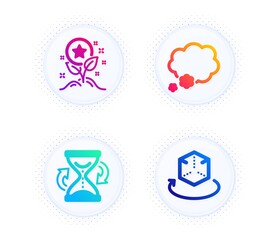 Loyalty points, Talk bubble and Hourglass icons simple set. Button with halftone dots. Augmented reality sign. Bonus grows, Chat message, Sand watch. Virtual reality. Business set. Vector