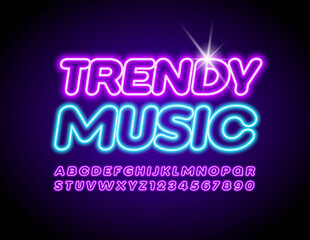 Vector glowing poster Trendy Music with Violet Neon Font. Electric Alphabet Letters and Numbers