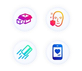 Packing boxes, Face protection and Credit card icons simple set. Button with halftone dots. Love chat sign. Delivery package, Secure access, Bank payment. Smartphone. Business set. Vector