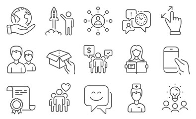 Set of People icons, such as Doctor, Hold box. Diploma, ideas, save planet. Smile face, Touchscreen gesture, Woman read. Launch project, Hold smartphone, Couple. Vector