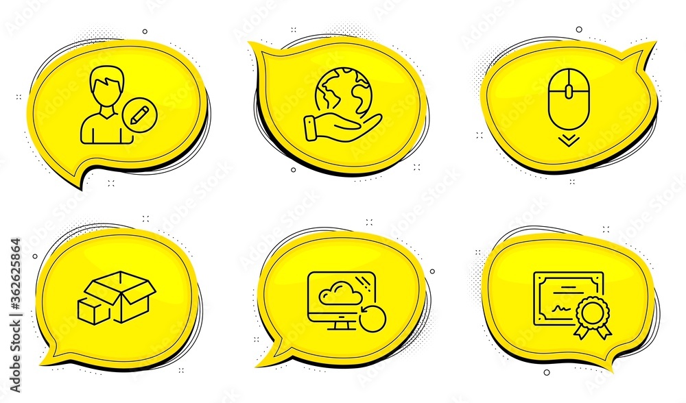 Poster recovery cloud sign. diploma certificate, save planet chat bubbles. edit person, scroll down and pac