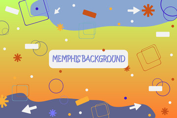 Obraz premium Memphis style background with very bright and rich colors: blue, orange, yellow with elements of arrows, circles and squares.